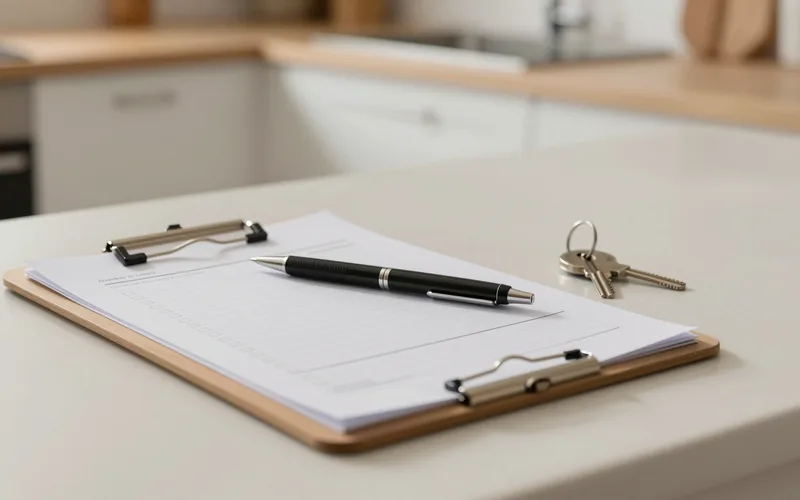 A move-in inspection clipboard and keys on a counter